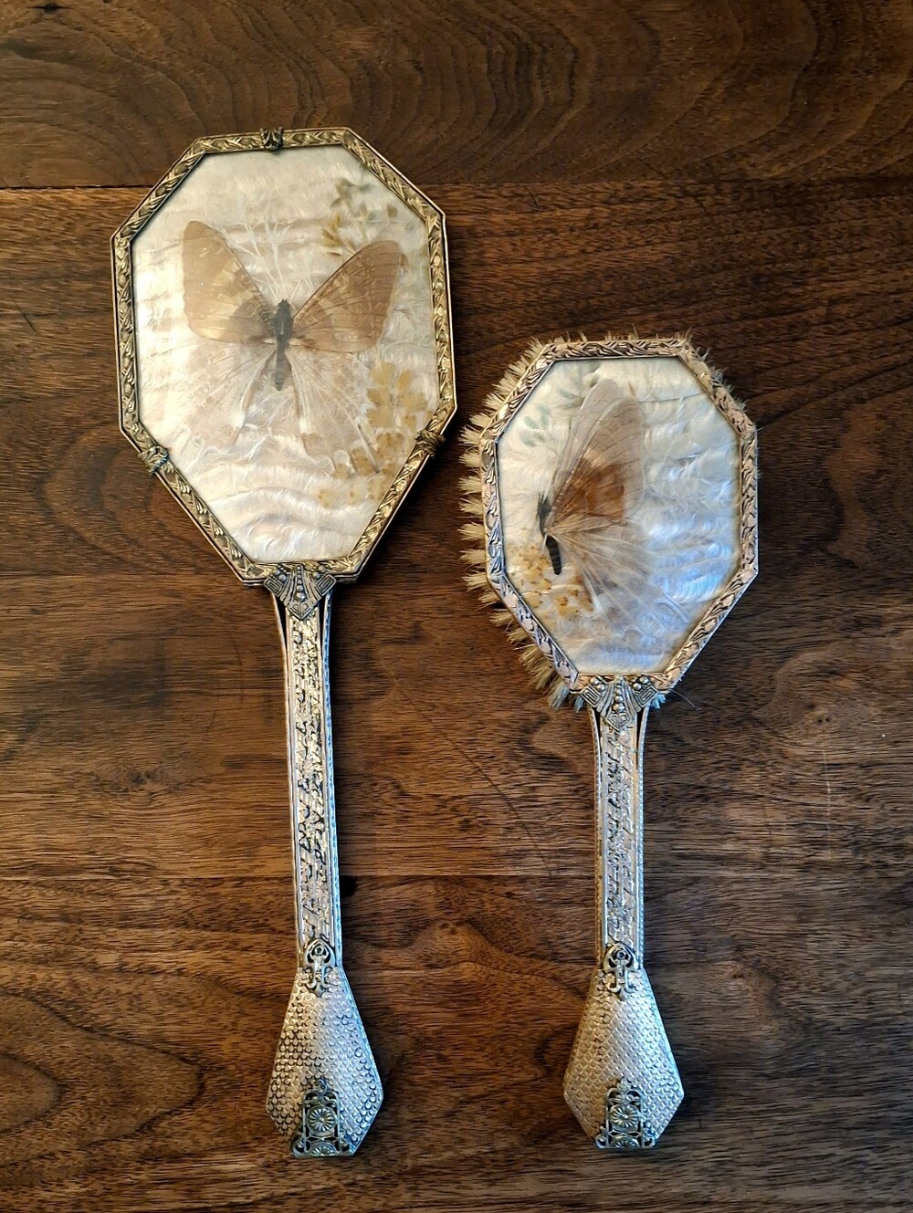 Art Nouveau Brass Filigree & Butterfly Specimen Vanity Set